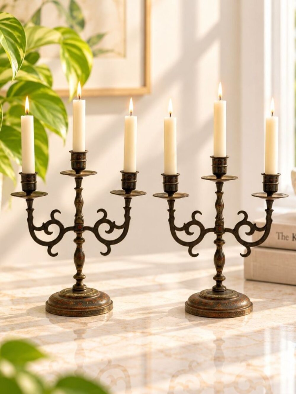 Pair Of Vintage Brass 3-Arm Candelabras With Intricate Floral Engravings Tall